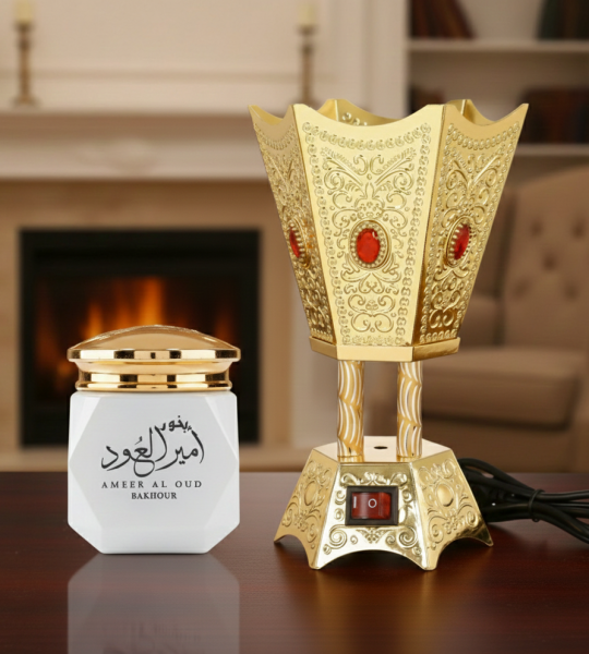 Premium Electric Incense Burner and Ameer Al Oud Bakhoor (40g) Combo Pack – Luxury Metallic Oud Diffuser with High-Quality Home Fragrance Set